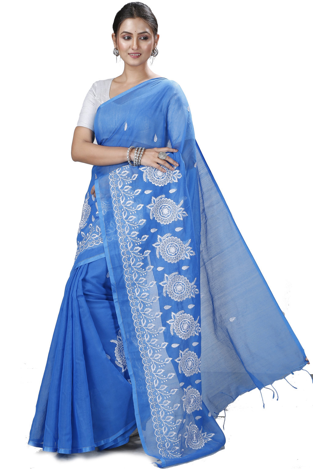 Sky Blue Blended Cotton Tabu Hand Loom Saree (1239)